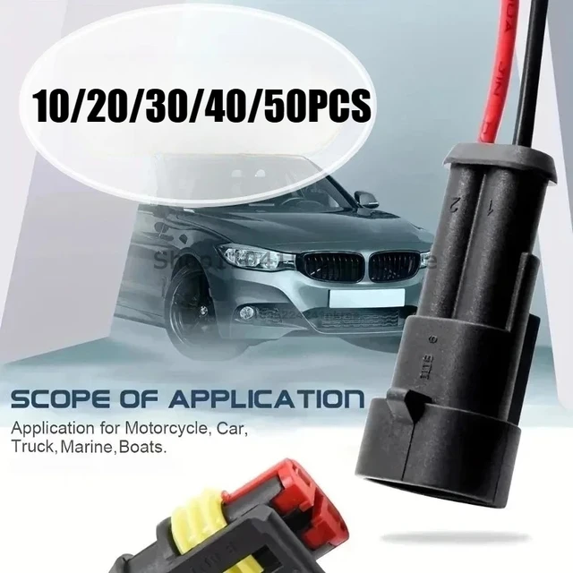 ขั้วต่อสายไฟแบบกันน้ำ 2 ขา - ชุดขั้วต่อสายไฟรถยนต์ขนาด 20 AWG สำหรับรถยนต์ รถบรรทุก รถจักรยานยนต์ และเรือเดินทะเล 1