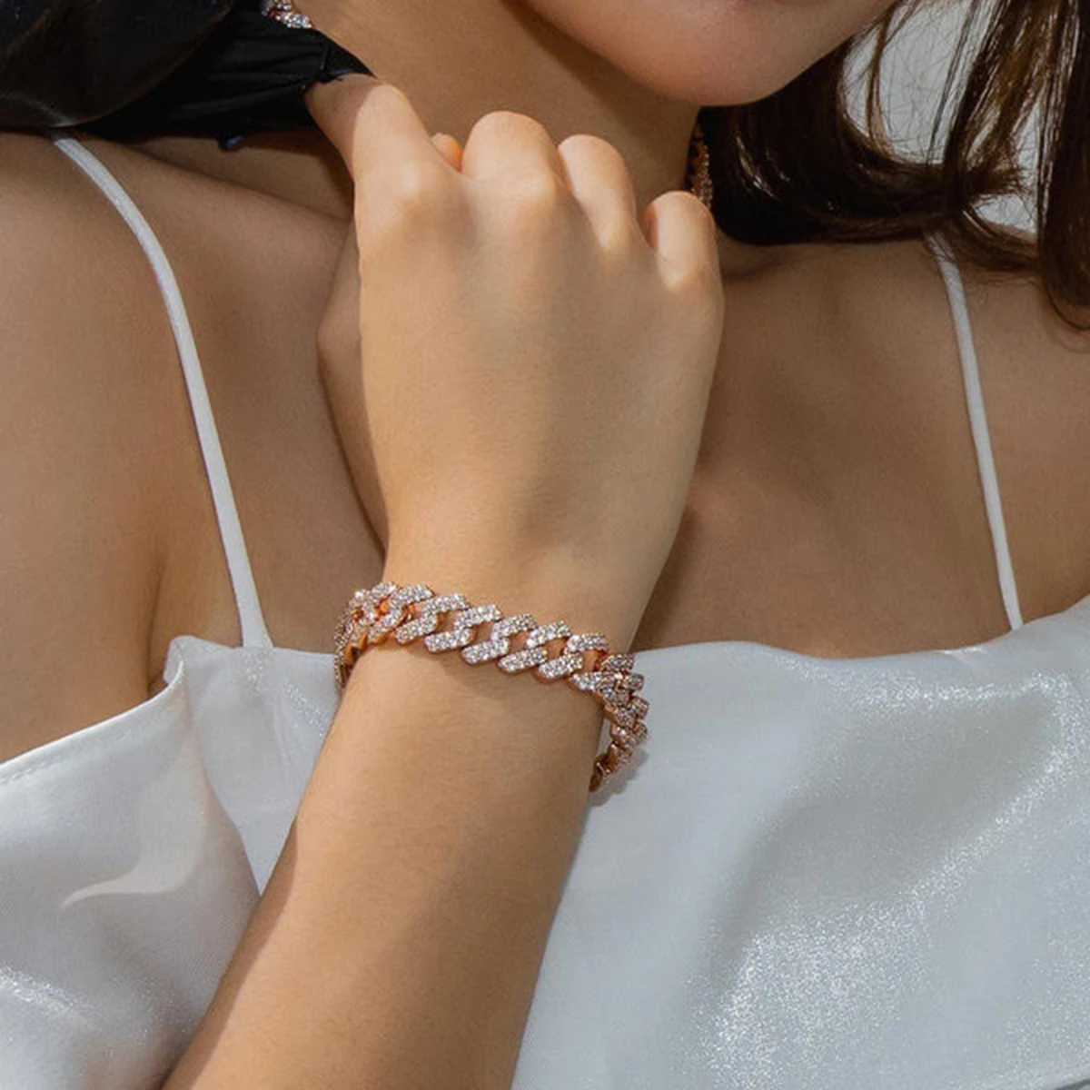 Dubss 14mm Miami Cuban Link Prong Bracelet Gold Color Iced Out Cubic Zirconia Rock Hip hop Style Men's Jewelry