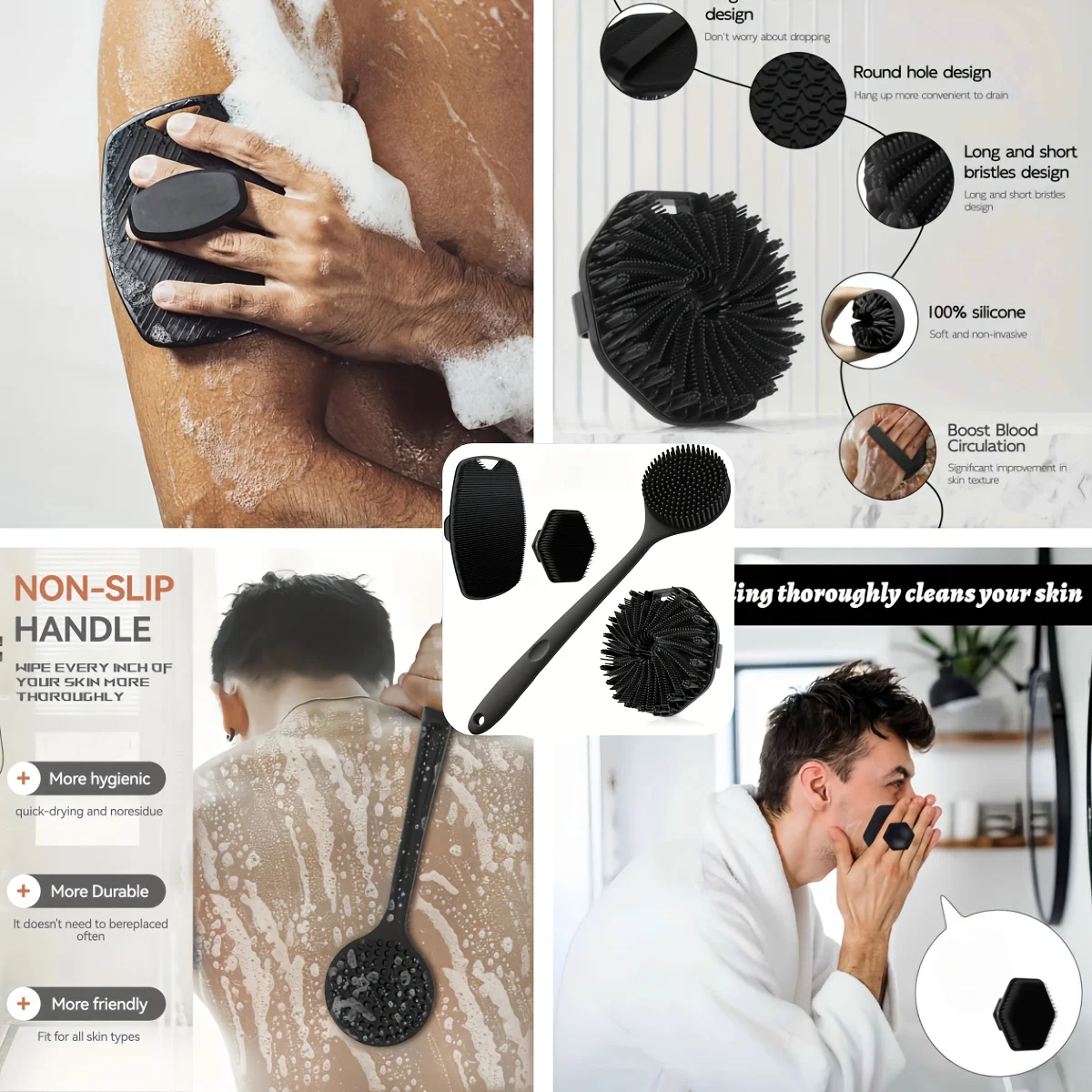 Soft Silicone Bath Brush Set with Non Slip Handle