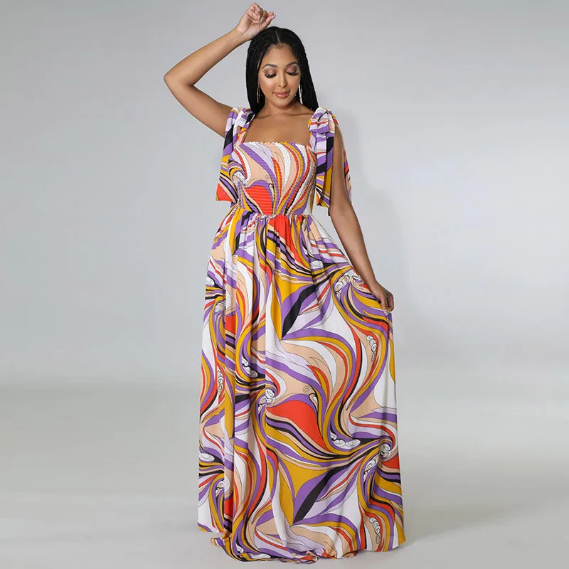 

Women Wrapped Printed Maxi Dress Elegant Backless High Waist Slim Robe Dashiki African Female Summer Lace Up Beach Party Dresses