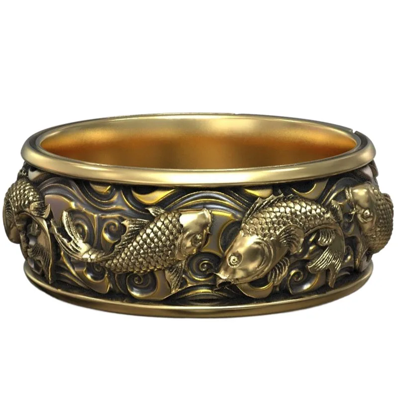 10.5g Carp Koi Fish Japanese Traditional Ornament Band Gold Rings  Customized 925 Solid Sterling Silver Many Sizes 7-13