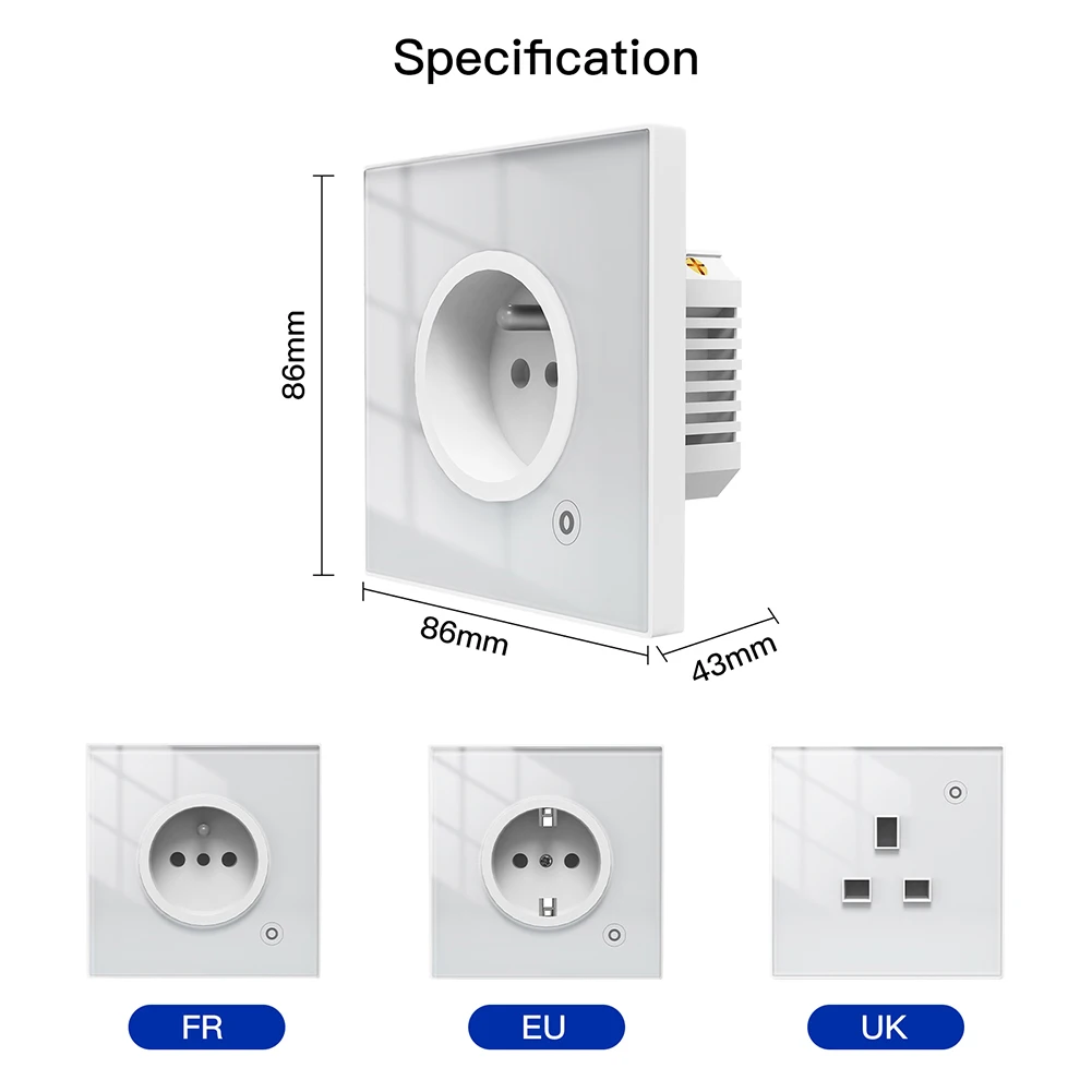 Smart Socket WiFi Tuya 16A Glass Panel Outlet Power Monitor Touch Plug Relay Status Light Mode Adjustable Smart Life App Alexa