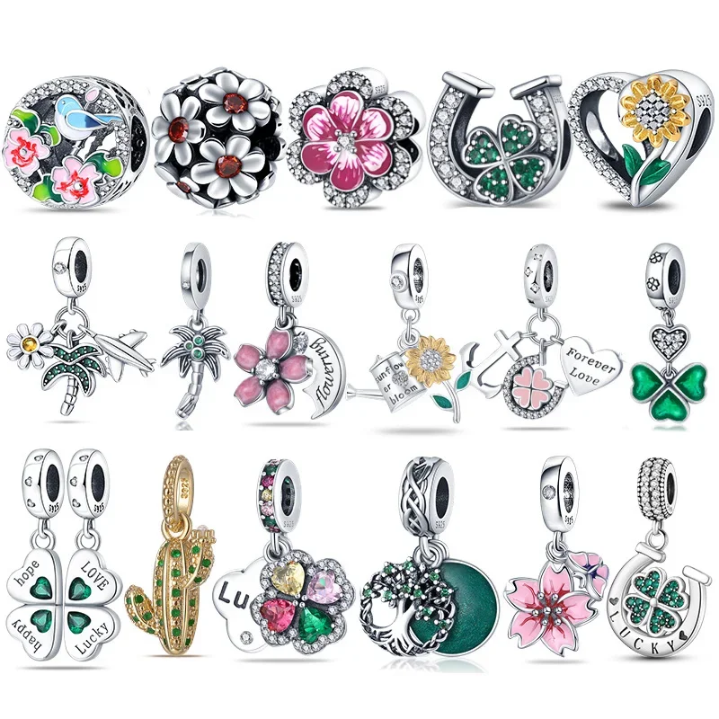

925 Sterling Silver Couple Pendant Lucky Plant Charm Beads For Pandora 925 Bracelet Necklace DIY Birthday Jewelry Gift