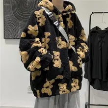

Harajuku Hoody Bear Full Print Sweatshirt Women Clothes Kawaii Cyber Y2k Loose Autumn Winter Couples Padded Lamb Wool Hooded Top