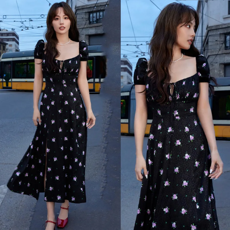 

2023 Summer Zhang Jiani Same French Dress Black Fragmented Square Neck Lace up Mid length Dress