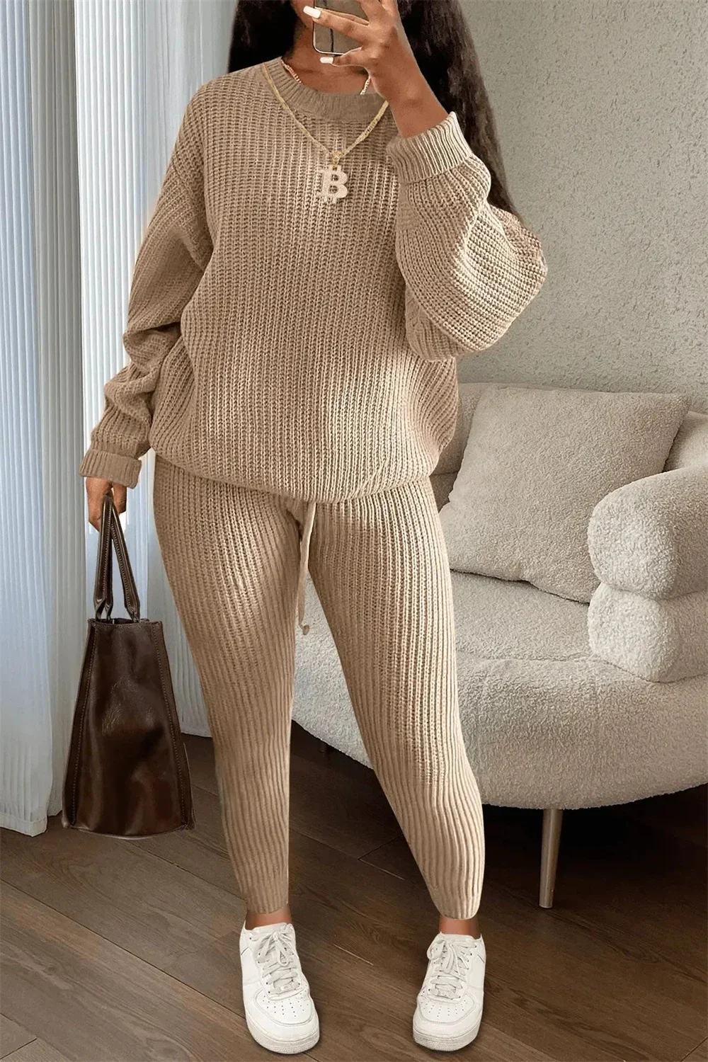 New Autumn Winter Women Knitted Tracksuit Two Piece Set Female Sweater Tops + Elastic Waist Pant Knitted Suit Women Outfits