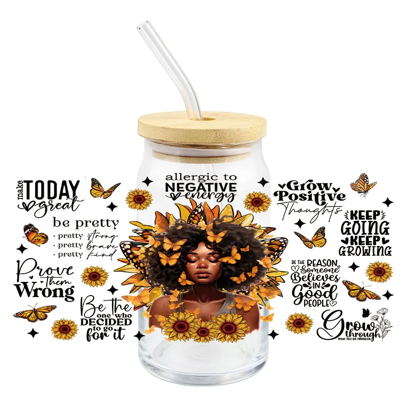 Black Woman UV DTF Wrap Transfer Stickers Beautiful Gril Design DTF Wrap For Mugs Glasses Coffee Cups Waterproof Decal