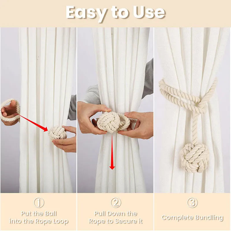 1pcs Natural Cotton Curtain Tiebacks Rope Hand Knitting Curtain Fasten Cord for DIY Rural Style Drapery Accesories