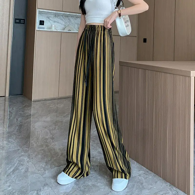 2023 Spring and Summer Fashion Simple Stripe High Waist Slim Ice Silk Drop Feel Casual Loose Women's Straight Tube Floor Towers