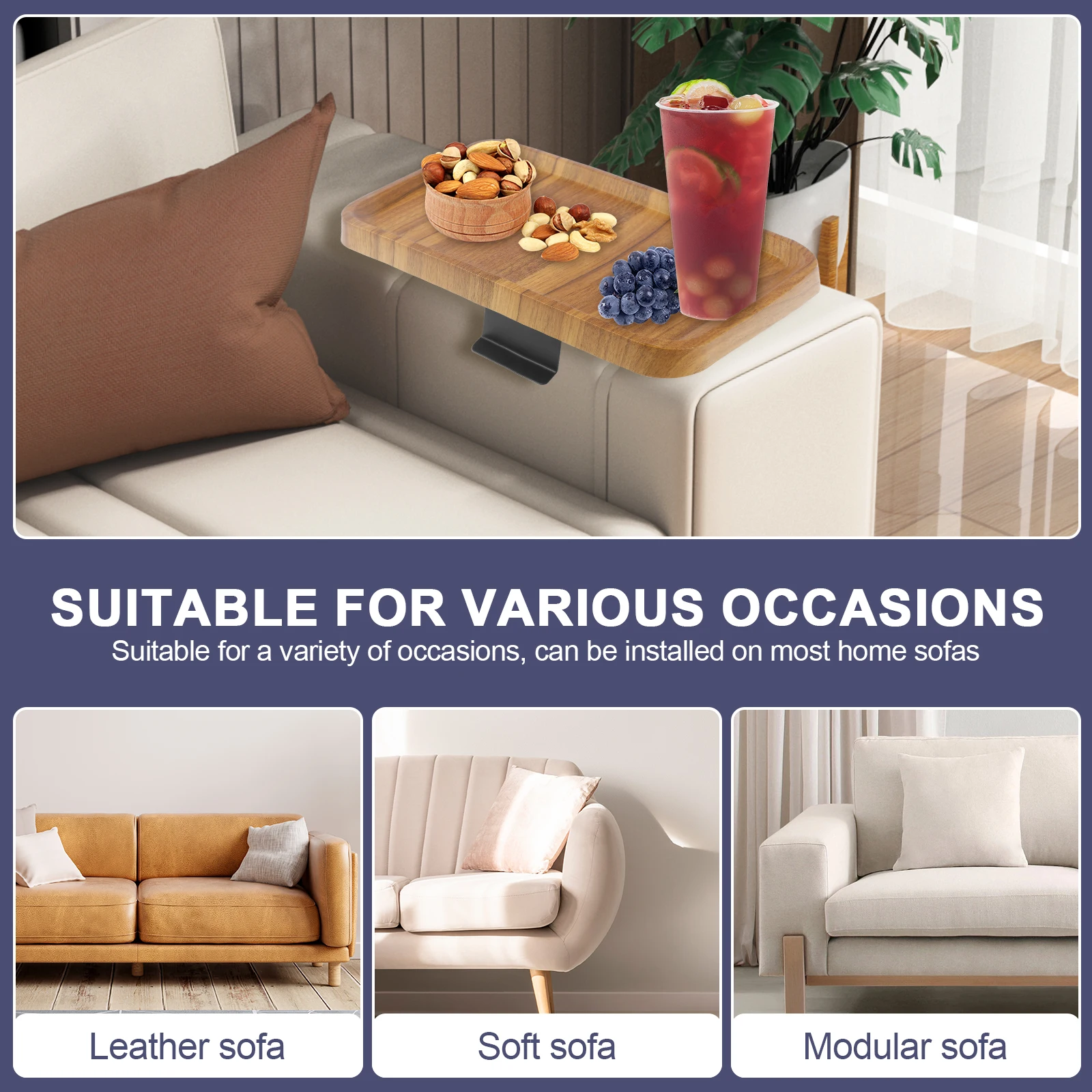 Sofa Armrest Wood Tray 5.5-15cm Width Adjustable Couch Arm Table Multifunctional Arm Chair Table Tray for Drinks Snacks Fruit