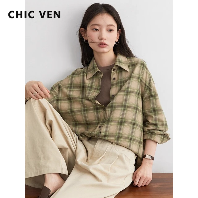 CHIC VEN femmes chemises ample décontracté nouveau ponçage chemise à carreaux à manches longues moyen Long longueur Blouses femmes hauts printemps automne 2025 1