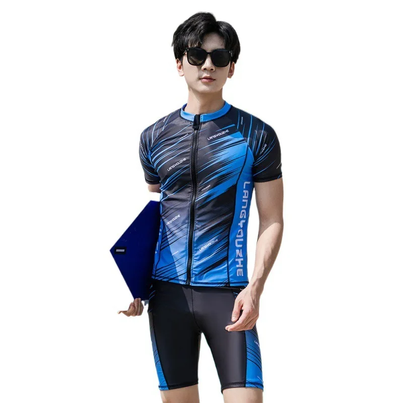 Men's Sun Protection Shirts+Trunks 2pcs/set Short Sleeve Zip Up Rash Guards Fishing Running Tops/Bottoms Quick Dry Lightweight