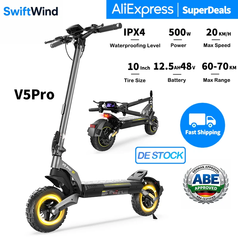 V5Pro Offroad E-Scooter 10 Zoll ABE-zertifiziert 500W 48V12.5Ah Geländereifen Doppelfederung E-Bremse Voltix APP Deutschland