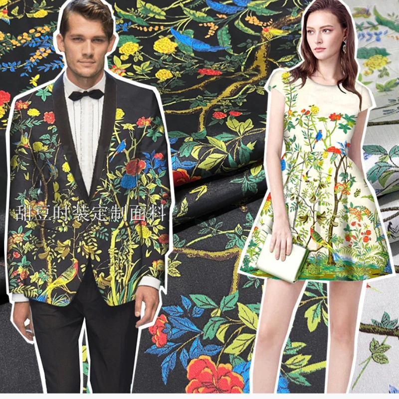 

Yarn-dyed Brocade Jacquard Fabric Flower Bird Suit Jacket Dress Clothing European Brand Fashion Design Wholesale Cloth by Meter