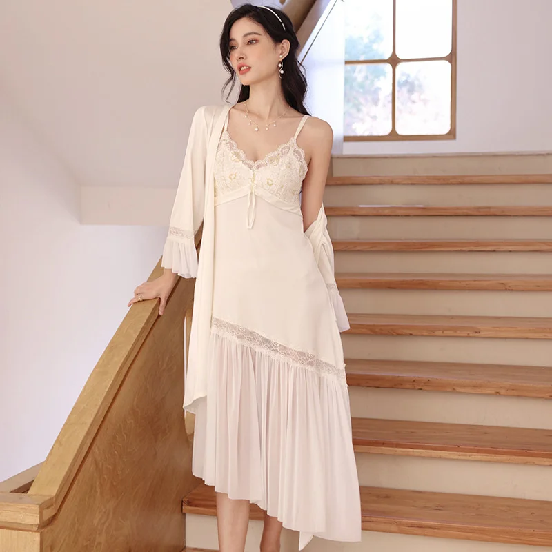 

Thin Style Pajamas With Bra, Spring And Autumn Sexy Suspenders, Ice Silk Pajamas, Two-piece Summer Long Style Women's Household