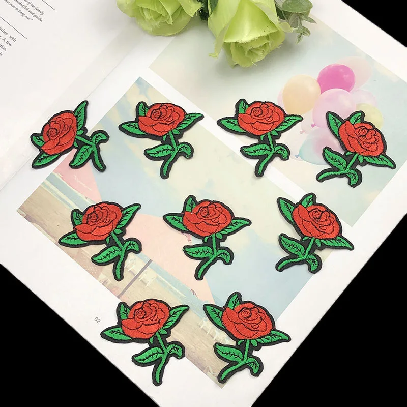 

10PCS Rose Flower Badge Garment Accessories Clothes and Hat Decoration DIY Patch Patch Embroidery Fabric Patch with Adhesive Bac