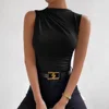 Fashionable Sleeveless Hoodie Vest Pure Color Half High Collar Pleated T-Shirt Vest Floral Pattern Women's Summer Top