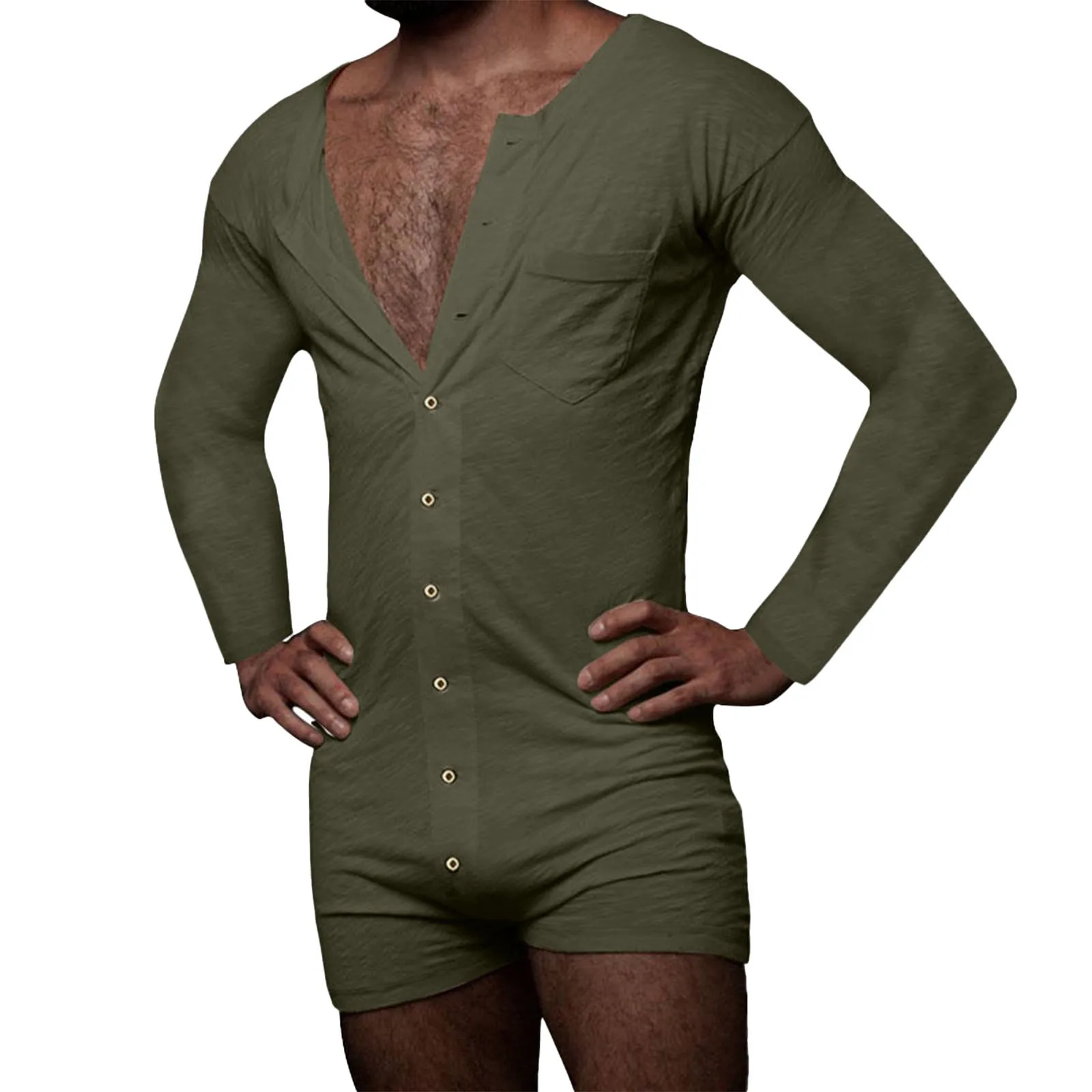 Men's Fashion Jumpsuit Sexy Solid Color Breasted Long Sleeve Shorts Button Jumpsuits Loose Rompers Men Trousers Clothing