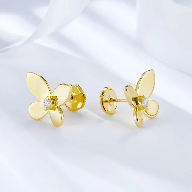 Yellow Gold Plated 925 Sterling Silver Moissanite Earrings For Women Butterfly Studs Round Cut 2.4mm D Color Trendy Jewelry