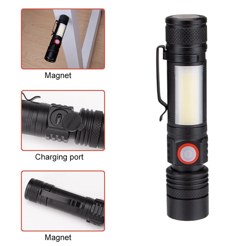 SEWS-LED Flashlight Waterproof Flashlight Magnetic Torch Zoom T6+COB With A Clip Portable Hand Light 18650 Battery