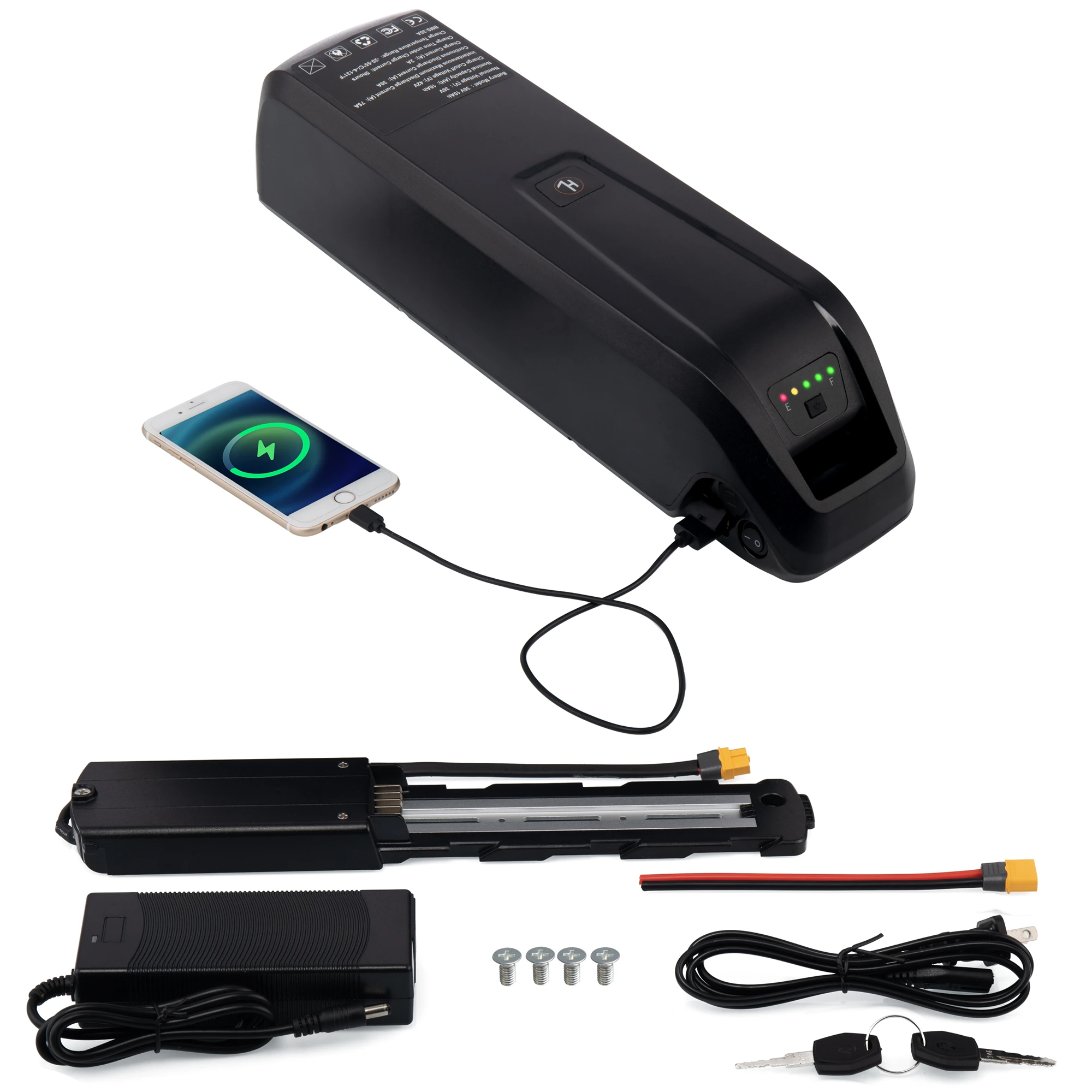 Battery Hailong Case with USB Lithium Li-ion 18650 Motor Bike Conversion Kit Bafang Electric Bicycle XT60, 36V, 10Ah