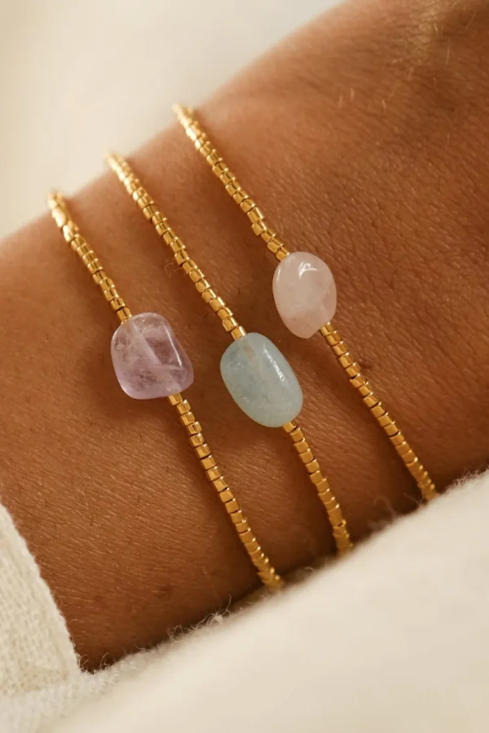 Vlen Miyuki Damen-Armband, Naturstein-Akzente, Delica-Perlen, Boho, Sommer, zierlicher Rosenquarz, Amethyst, Aquamarin, Schmuck, Geschenk