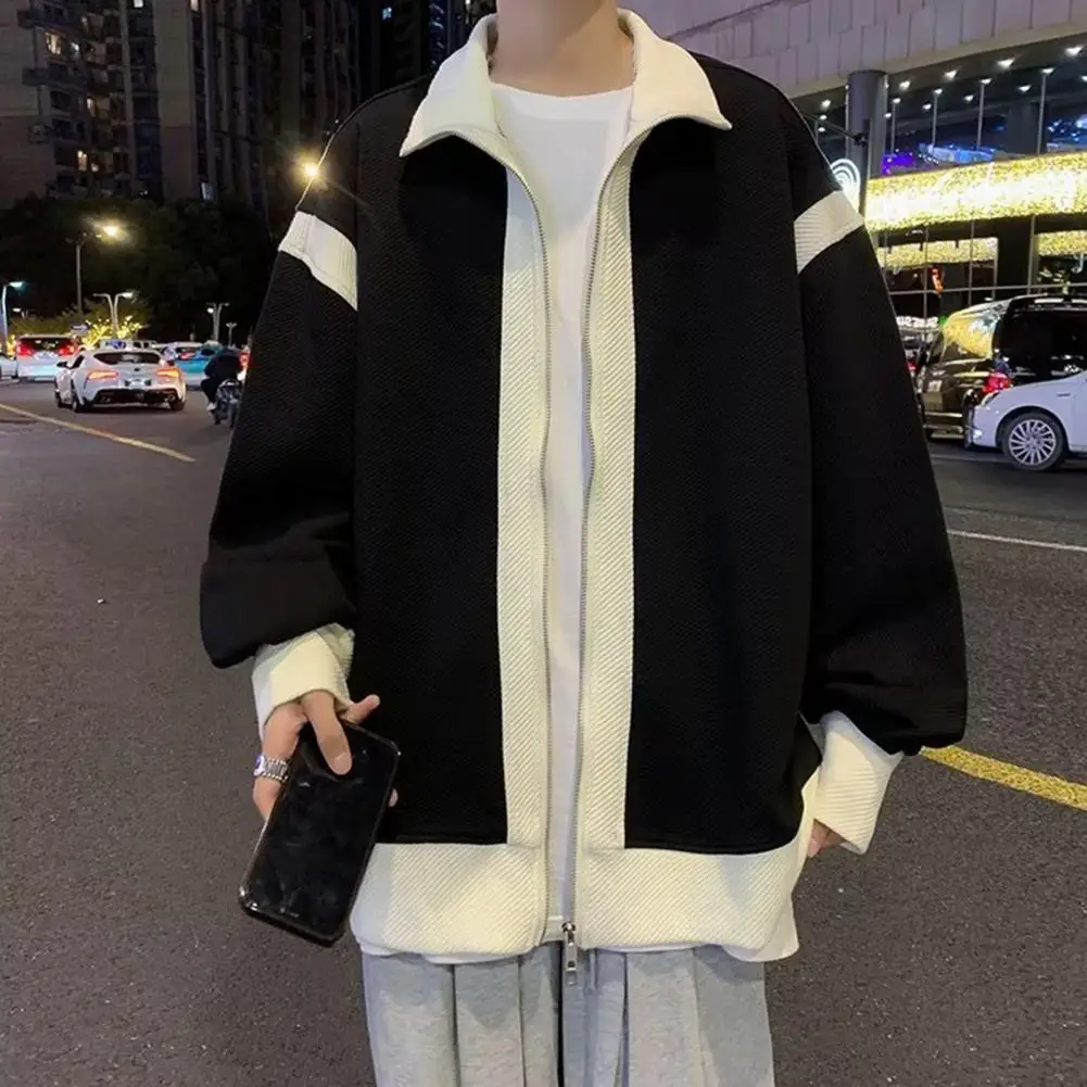 

Men's Autumn And Winter Coat Color Block Stand Collar Diagonal Stripe Texture Zipper Cardigan Long Sleeve Loose Men's Jacket