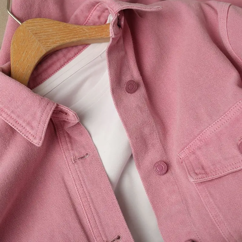 

Джинсовая куртка женская оверсайз, однобортная шикарная джинсовая куртка в Корейском стиле, ковбойская верхняя одежда, розовая, весна-осень
