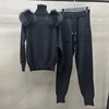 Women's Winter Knitted Sweater Pants Set Lady Fashion Sweater Fox Fur Shoulder Stand Collar Pullover 2