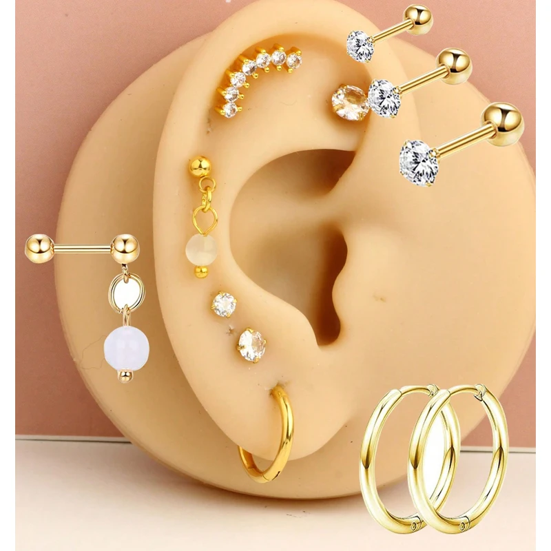 7PCS Tragus Stud Hoop Earring Set Heart Small Stud Set Lobe Piercing Cartilage Stud Helix Jewelry Cz Barbell Piercing Earrings