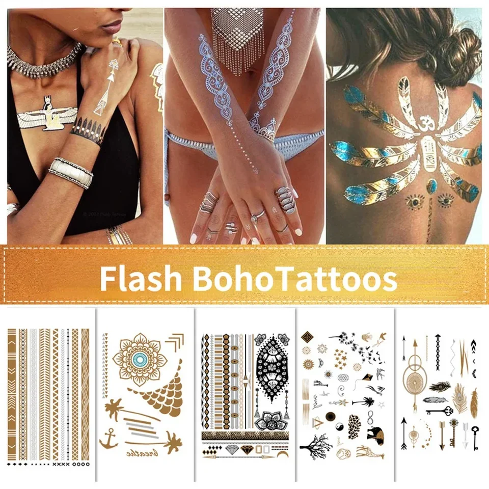 Flash Boho Metallic Gold Feathers Shimmering Waterproof Temporary Tattoo  Beach Arm Body Ankle Makeup Art Women DIY Accessories - AliExpress, image size:960x960