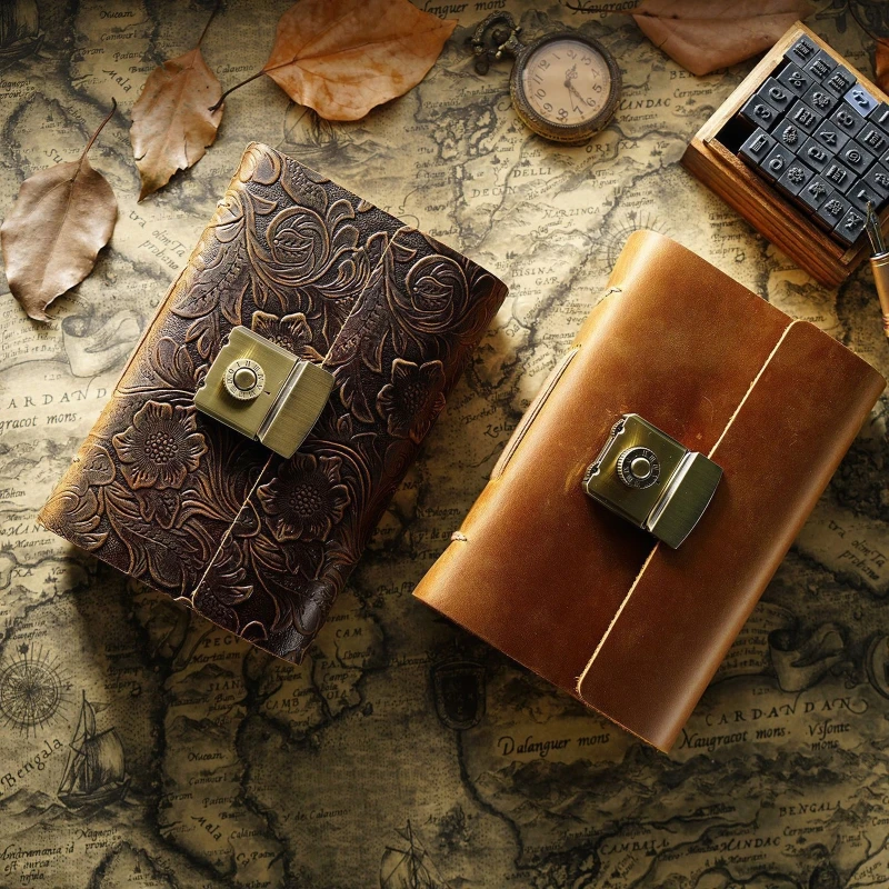 

Vintage Leather Notebook Journey Notepad Password Lock Not Bleeding Blank Paper for Writing Doodling Drawing Scrapbook