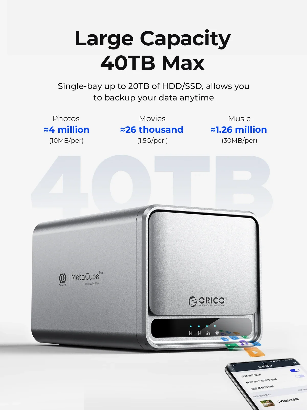 ORICO MetaCube Household Storage Type-C 3.5" HDD Case Dual-bay NAS with Automatic Backup Remote Access with Offline BT Download