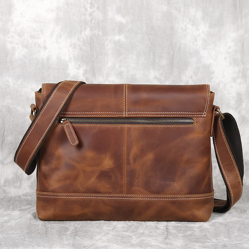 NZPJ New Leather Men's Shoulder Bag Retro Top Layer Cowhide A4 File Men's Bag Brown Handmade Crazy Horse Leather Messenger Bag