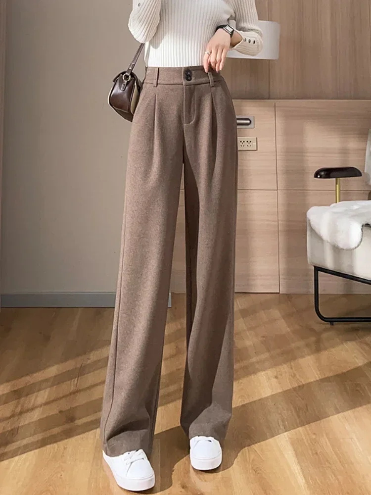 Chic Woolen Wide-leg Pants Women Fall Winter 2023 New Elastic High-waisted Trousers  Female Vintage Thick Slim Fit Straight Pant - AliExpress