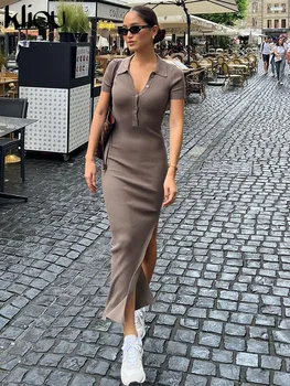 Kliou Elegant Office Lady Maxi Dress Women Solid Fashion Turn-down Collar Short Sleeve Button Side Slit Body-Shaping Street Robe 1