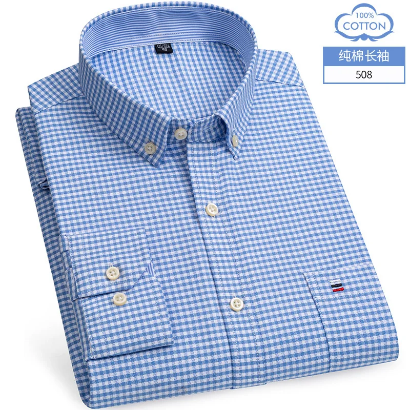 100% Cotton Oxford White Casual Shirts for Men Long Sleeve Buttons Plaid Shirt Striped Pocket Men Shirts Plus Size 7XL Camisas