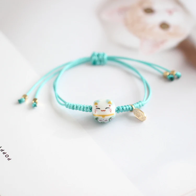 Hand-woven Ceramic Lucky Cat Bracelet Women Mama Gift