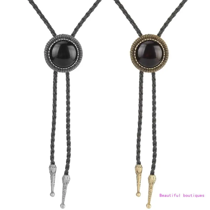 

Mens Women American Bolo Tie Western Round Stone Cowboy Pendant Shirt Chain Collar Necktie Leather Rope Jewelry DropShip