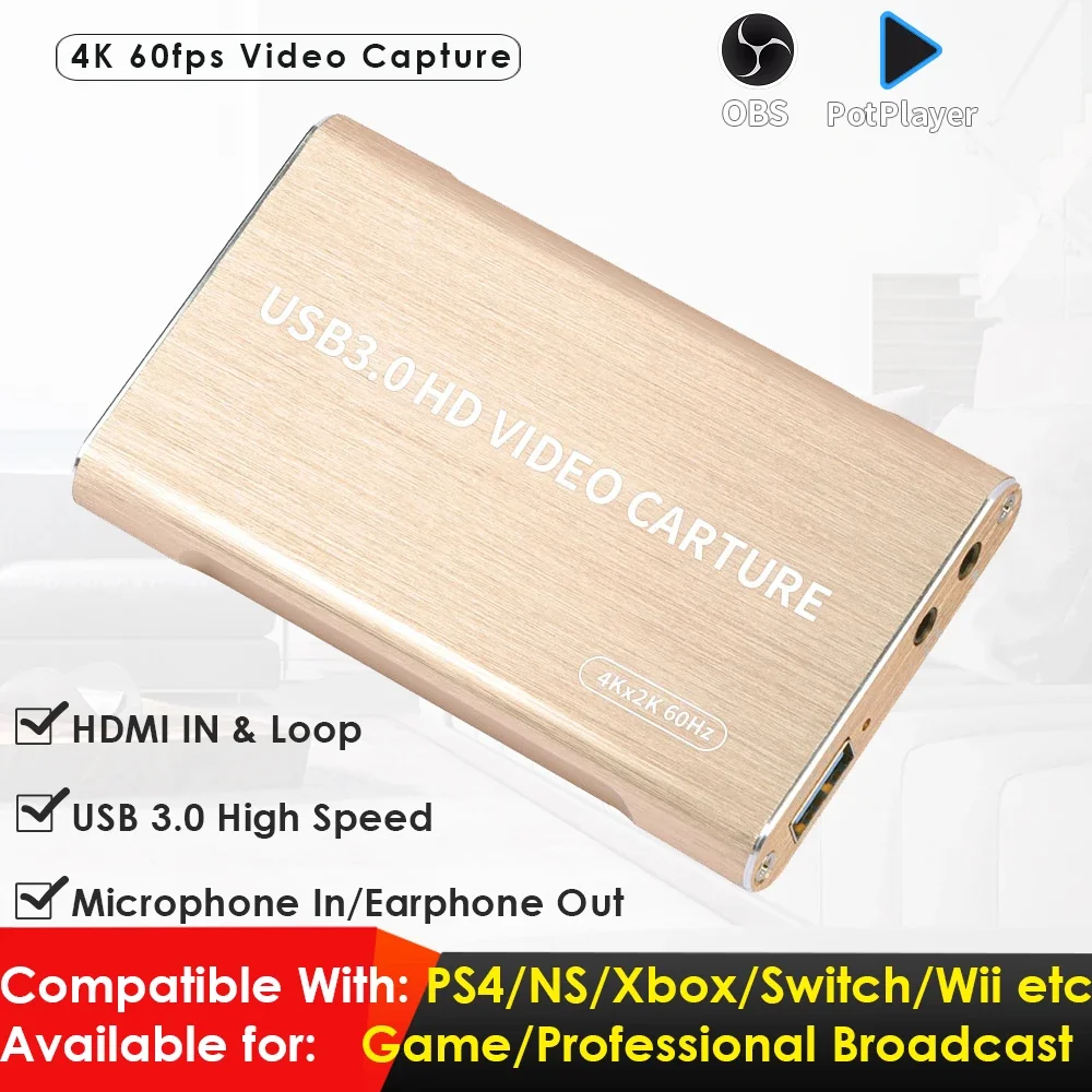 

4K HDMI to USB3.0 Video Capture Card with HDMI in and Loopout Compatible with PS4/Nintendo Switch/Xbox One for Game Broadcasting