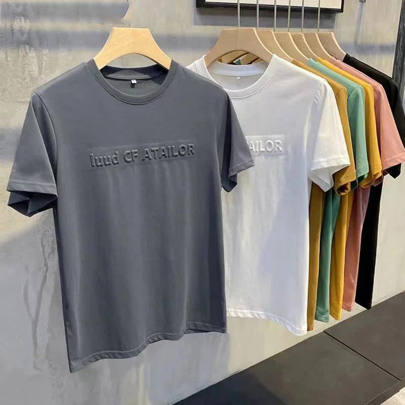 

2023 Summer Cotton Short -sleeved T -shirt Men's New Trendy Three -dimensional Letters Pressing Flowers