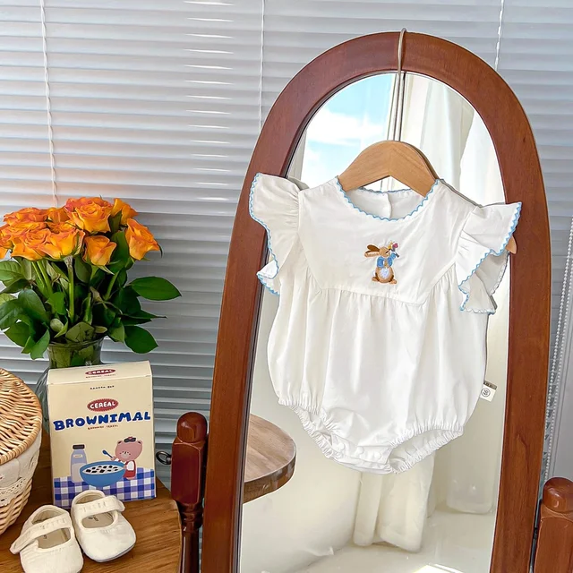 Summer Baby Girls Romper White Short Sleeve Rabbit Cotton Baby Jumpsuit Baby Bodysuit 0-24 Months 1