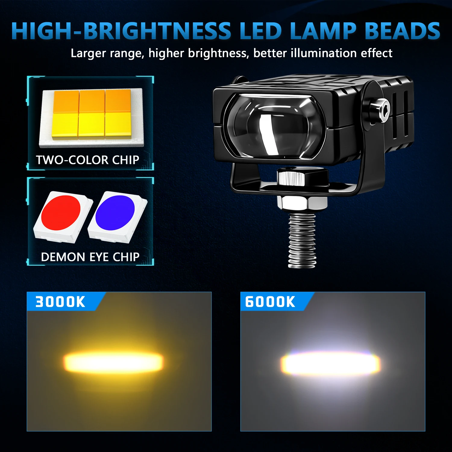 2PC 자동차 그릴 LED 라이트 포드 전면 헤드라이트 100W 오토바이 ATV UTV RV 프로젝터 렌즈 자동차 안개등 오프로드 블루 경고등 포함