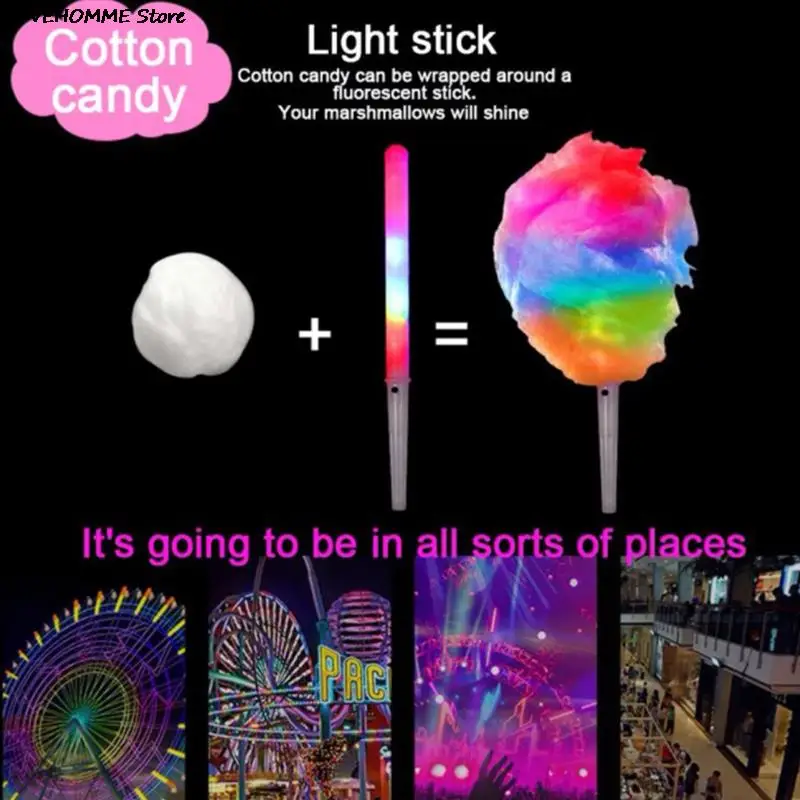 LED Light Up Cotton Candy Cones Colorful Glowing Marshmallow Sticks Impermeable