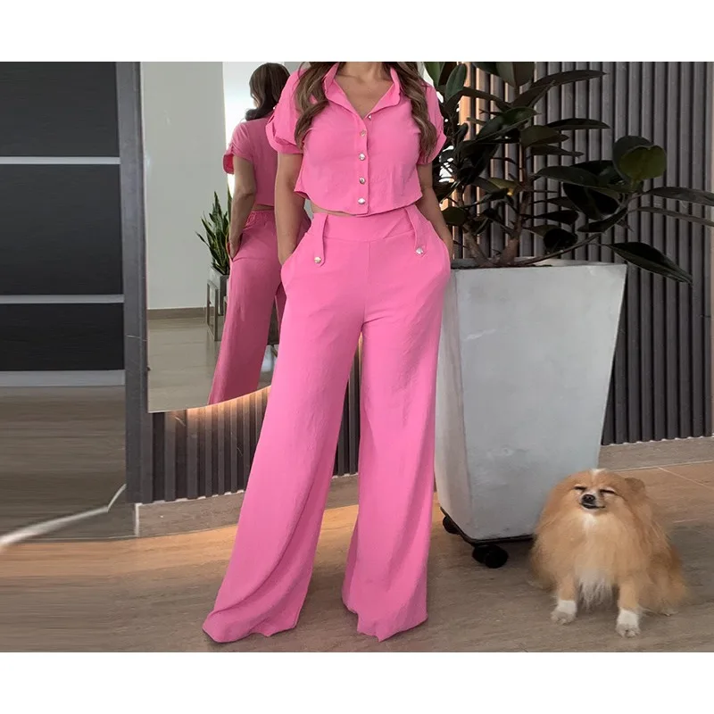 New Style Minimalist Short Shirt, Wide Leg Pants, Solid Color Casual Women's Set