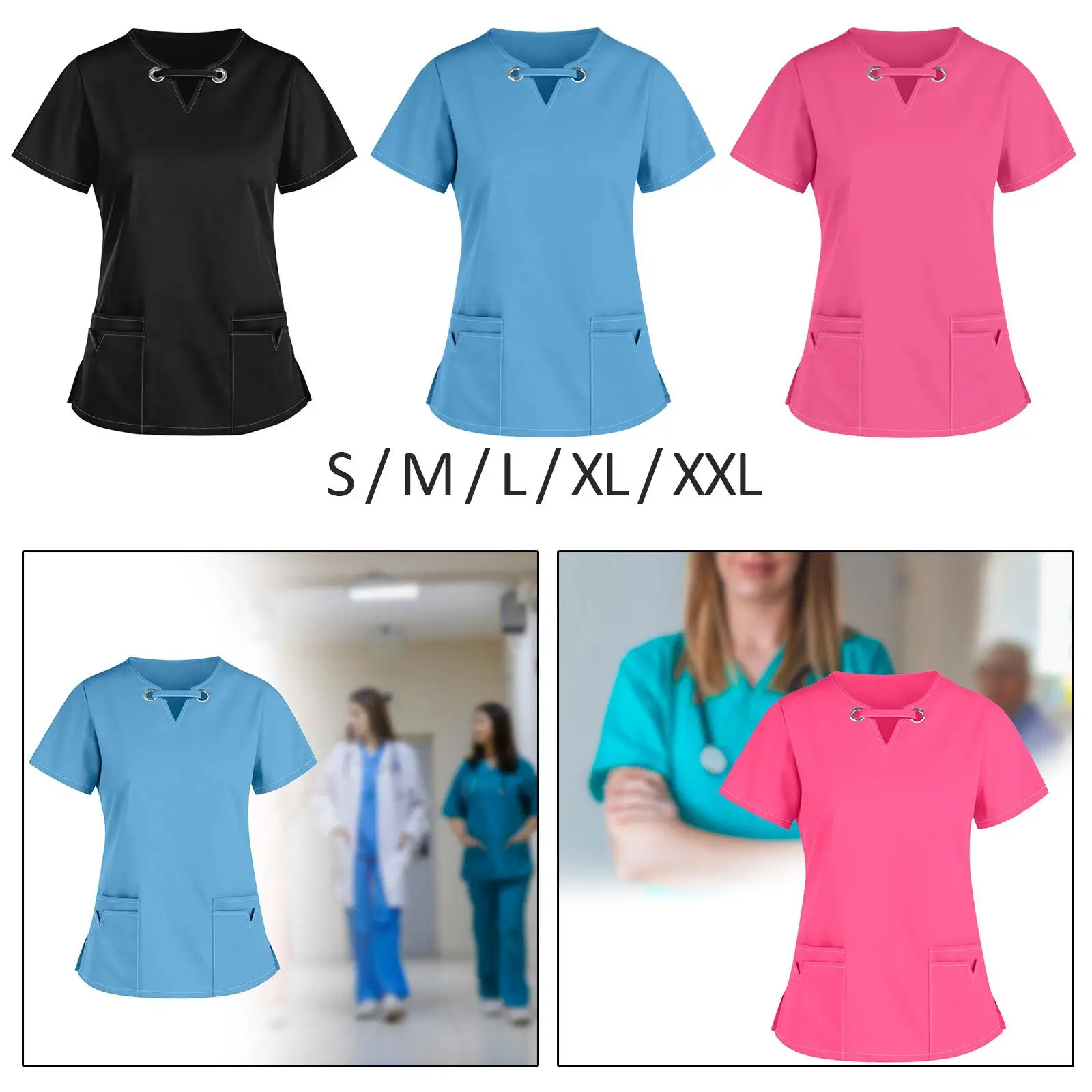 Womens V Neck Scrub Top Female Scrub Top with Multi Pockets Durable Work Clothing Nurse Uniform Scrub Top for Beauty Center