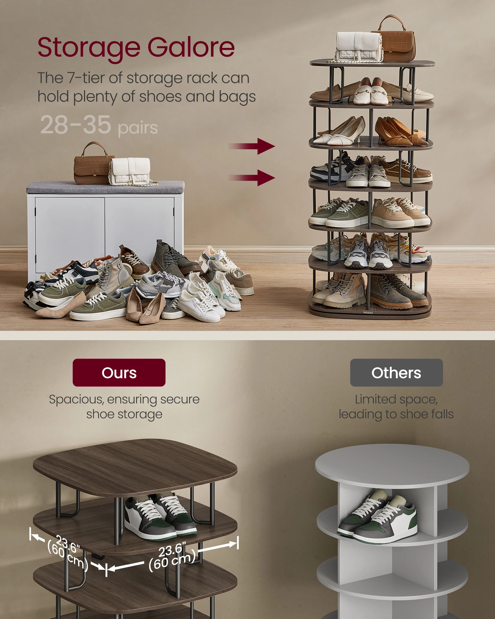 SONGMICSHOME 7-Tier Rotating Shoe Rack Tower Shoe Closet Organizer 28-35 Pairs for Entryway Living Room Shoe Shelf Storage 4
