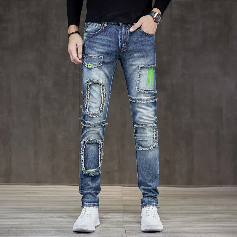 

2024New American High Street Jeans Men's Locomotive Style Fashion Personality Slim Fit Patchwork Stitching Trousers