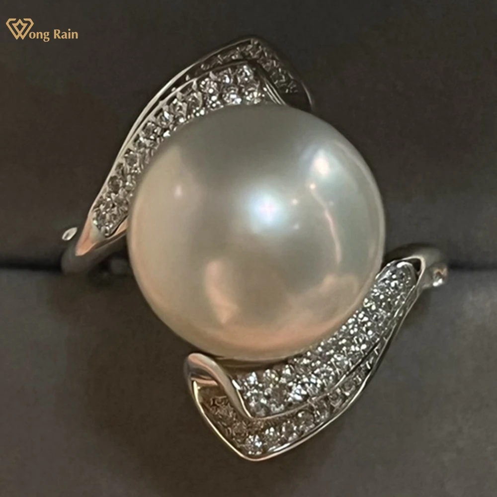 Wong Rain Classic 925 Sterling Silver 11-12MM Natural Pearl High Carbon Diamond Gemstone Adjustable Ring Customized Jewelry Gift