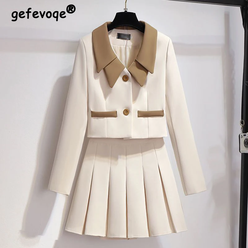 2 Piece Set Women Spring Autumn Trendy Contrast Color Long Sleeve Chic Crop Blazer Y2K Vintage Elegant Pleated Mini Skirt Outfit